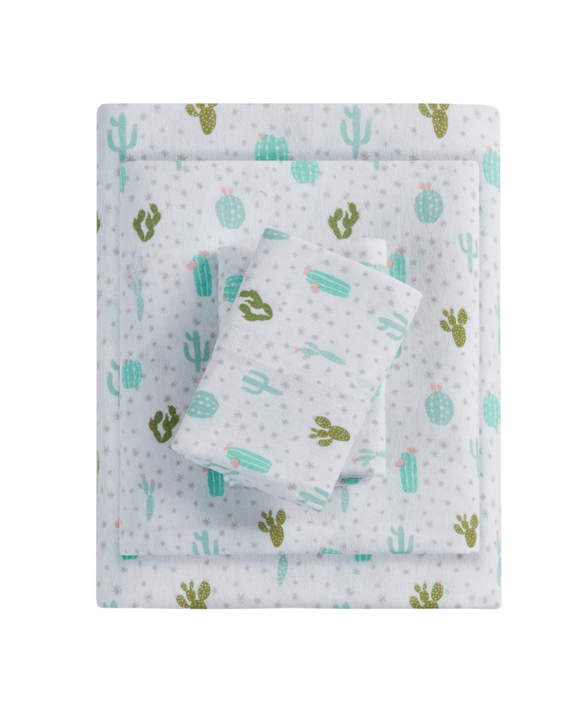 Intelligent Design Novelty Print Cotton Flannel Twin Sheet Set Bedding In Green Cactus