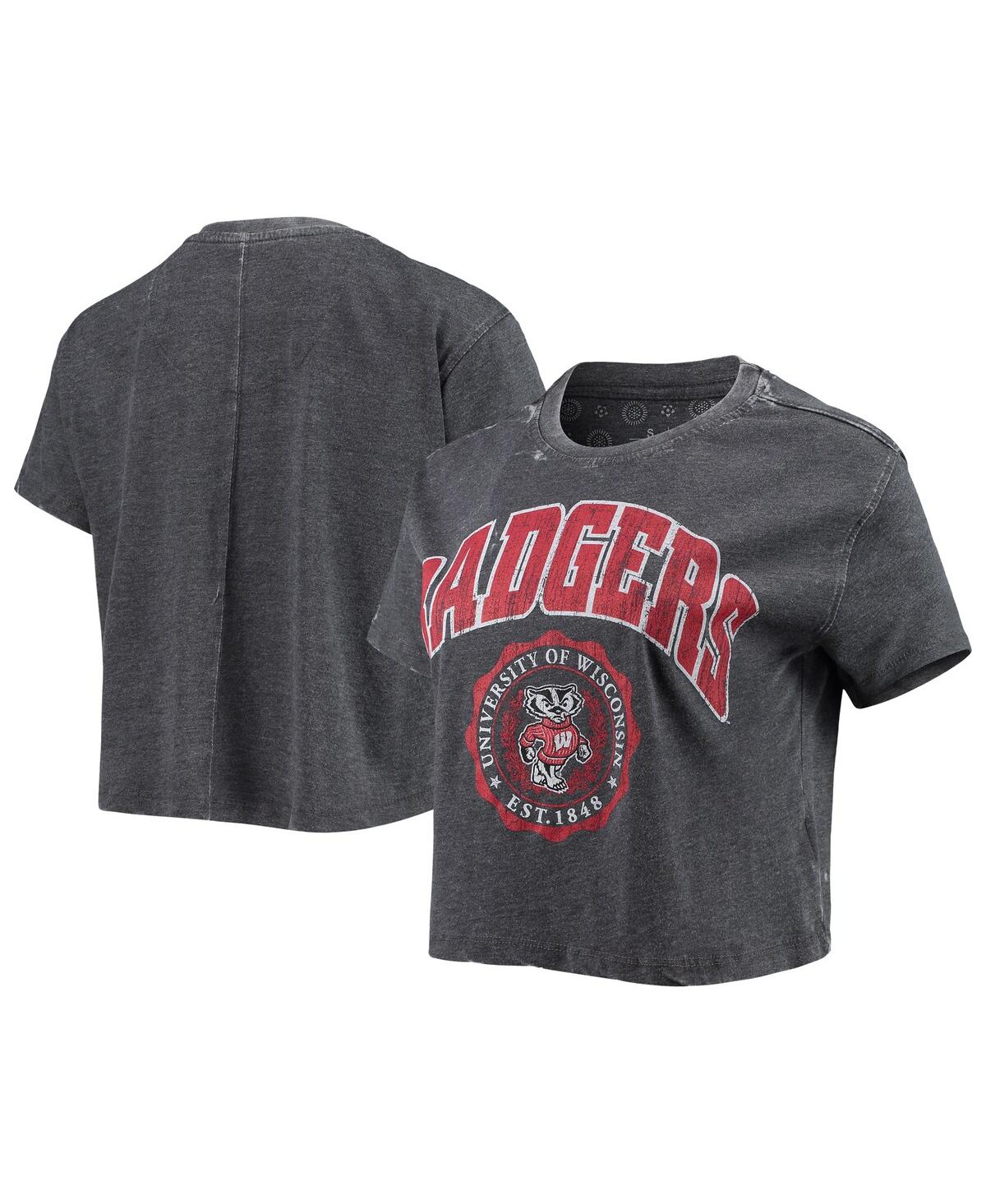 Women's PressboxWisconsin Badgers Edith Vintage-Like Burnout Crop T-shirt - Heathered Black