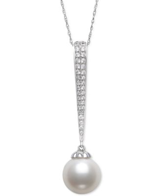 Belle de Mer - Cultured Freshwater Pearl (9mm) & Diamond (1/5 ct. t.w.) Pav&eacute; Elongated 18" Pendant Necklace in 14k White Gold