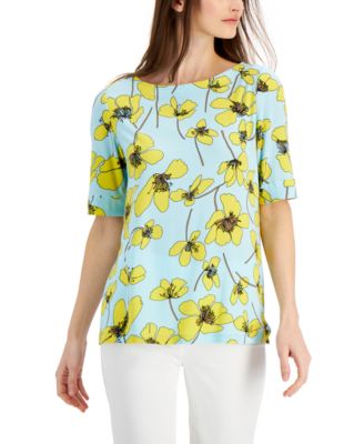 Anne Klein - Women's Daisy-Print Boat-Neck Top