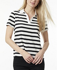 Women's Stripe Cotton Short Sleeves Open Collar Polo Top