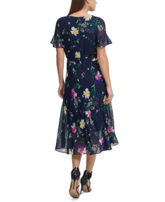 dkny flutter sleeve floral chiffon midi dress