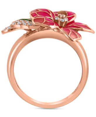 EFFY&reg; Pink & Green Enamel & Diamond Flower Ring (1/5 ct. t.w.) in 14k Rose Gold