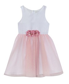 Little Girls Satin Bodice to Mesh Glitter Skirt with Waist Flowers Details