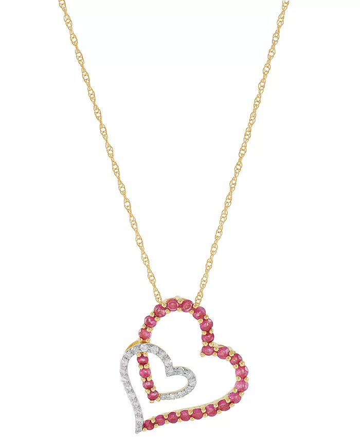 Macy's Ruby (5/8 ct. tw.) & Diamond (1/10 ct.tw.) Double Heart 18" Pendant Necklace in 14k Gold