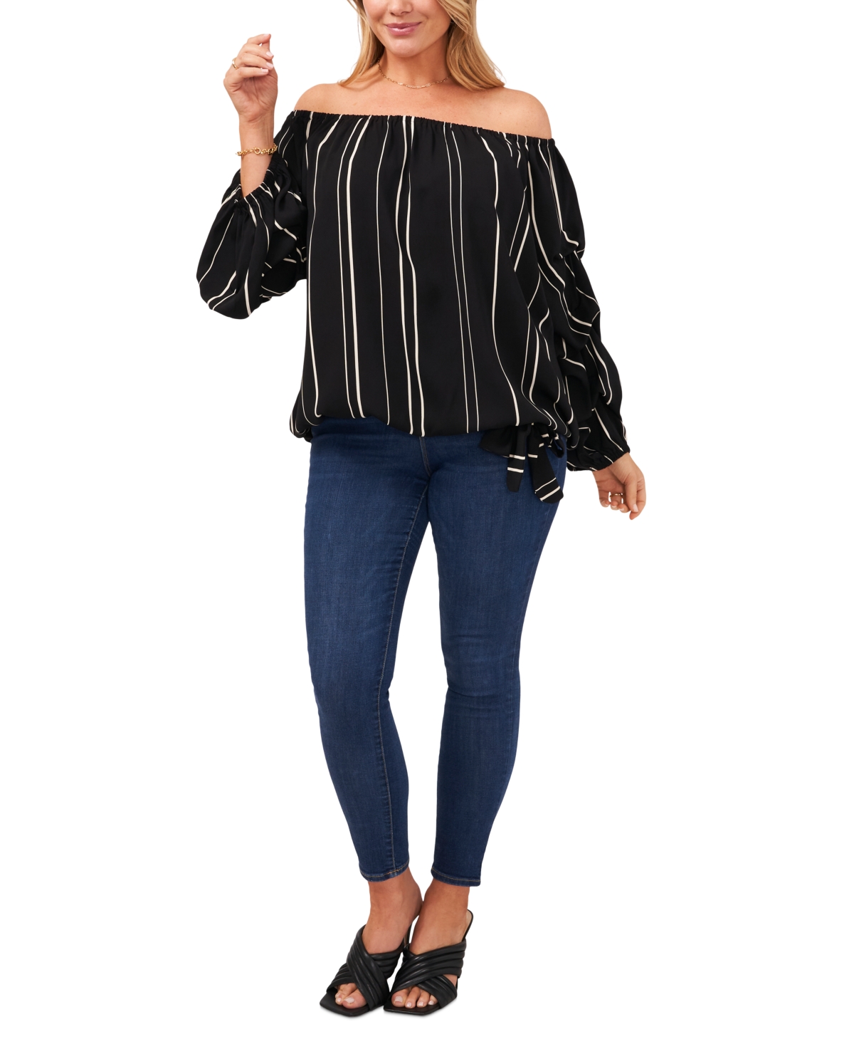 VINCE CAMUTO PLUS SIZE STRIPED OFF-THE-SHOULDER BUBBLE 3/4-SLEEVE TIE-FRONT BLOUSE 