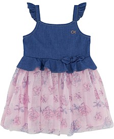 Toddler Girls Flutter Trim Denim and Floral Mesh Dress