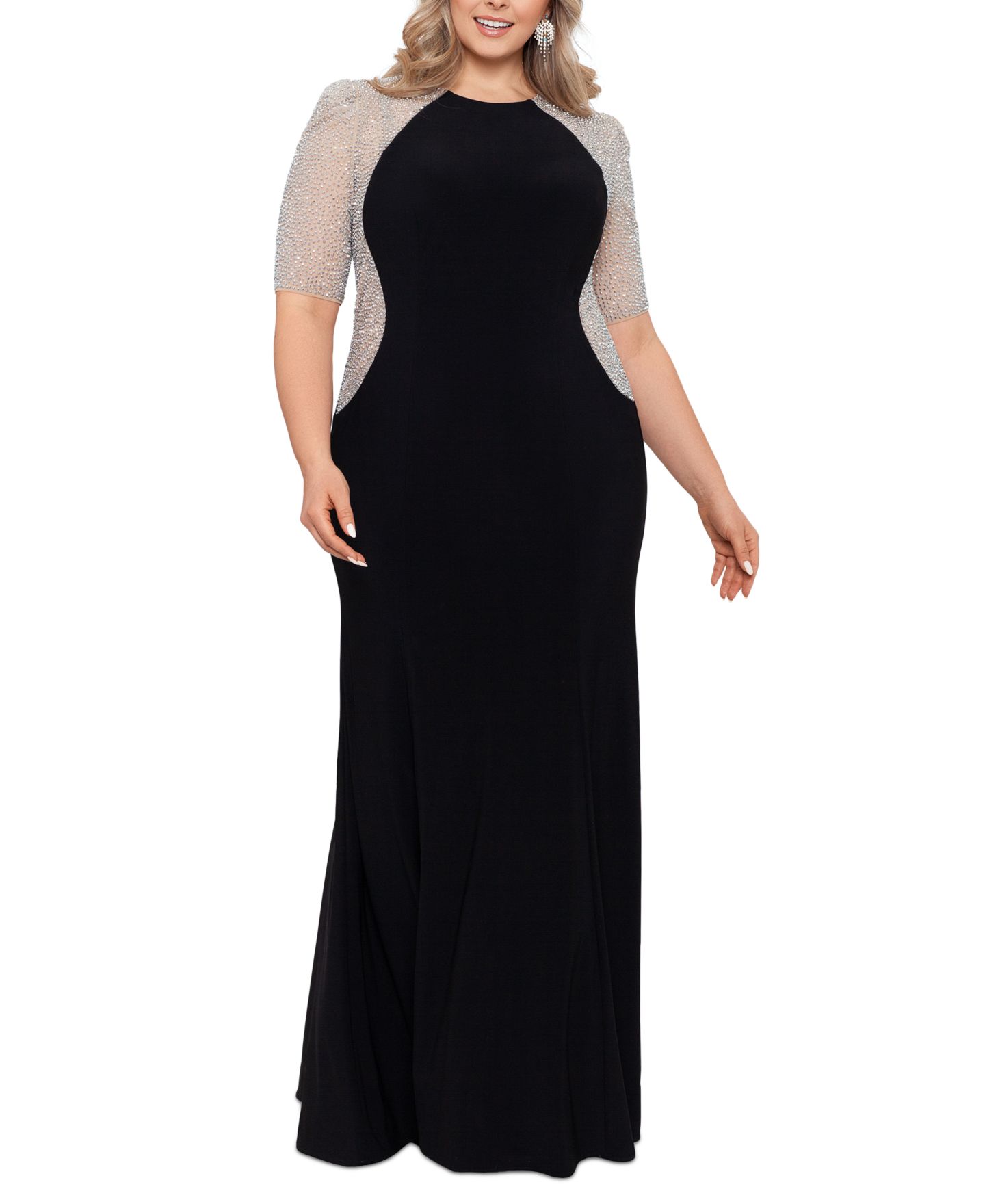 Женское платье XSCAPE Beaded-Sleeve Scuba-Crepe Gown, цвет: Чёрный телесный серебряный — фото 2