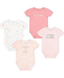 Baby Girls Short Sleeves Branded Bodysuits, 4 Piece Set
