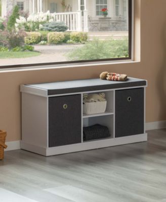 MDF Storage Box Shoe Bench with 2 Shelves, Foldable Baskets and a Gray Cushion, White