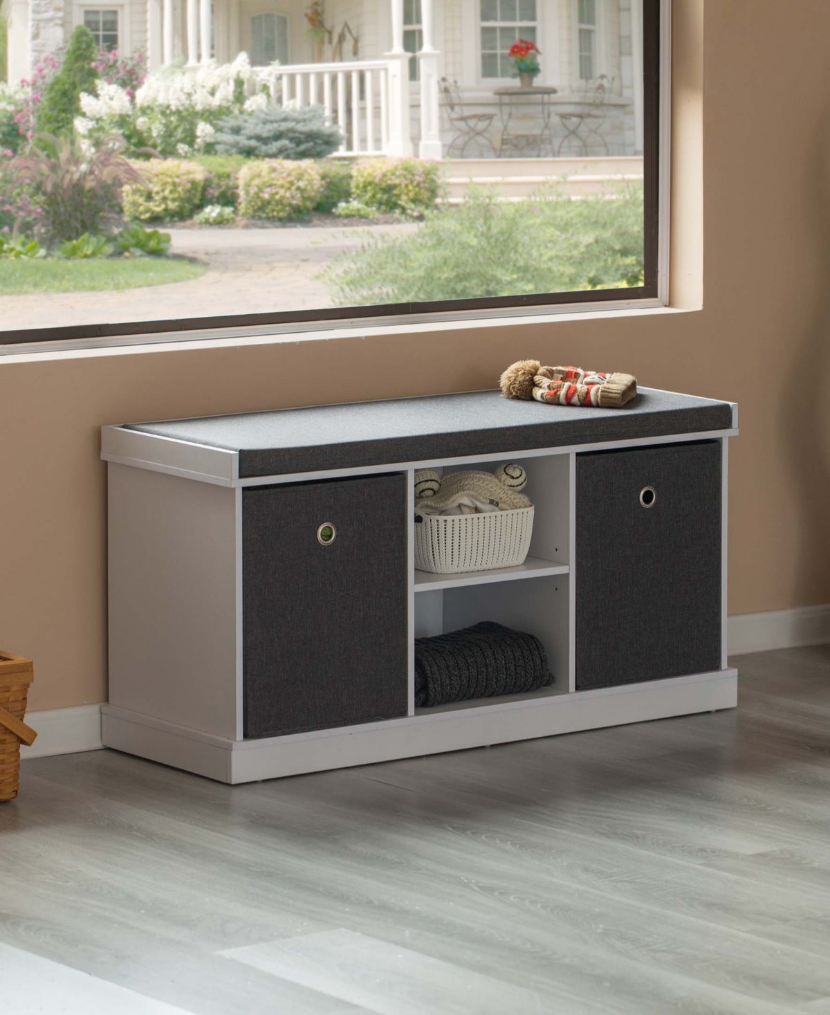Basicwise Mdf Storage Box Shoe Bench with 2 Shelves, Foldable Baskets and a Gray Cushion, White