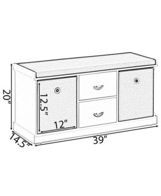 White Shoe Storage Bench with Wooden Frame, 2 Drawers, Foldable Baskets, and Comfortable Gray Cushion for Entryway, Hallway, or Bedroom Organization