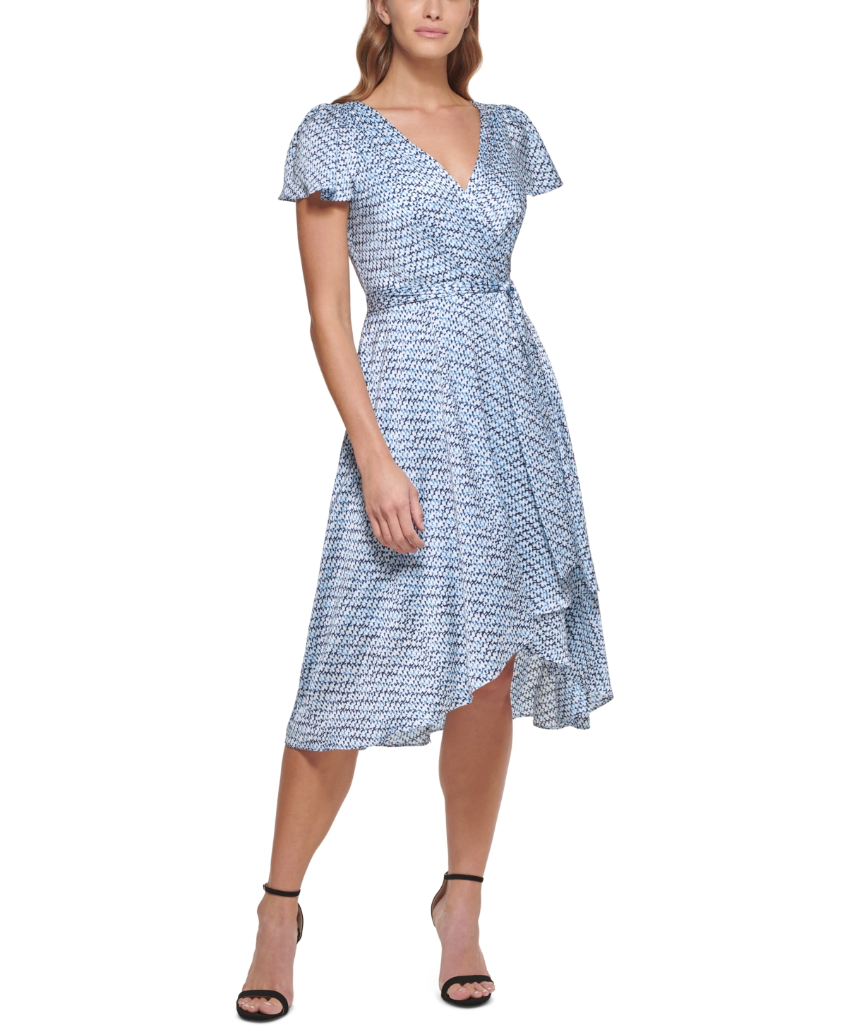 Dkny Petite Flutter Sleeve Faux-wrap Dress In Zelda Blue | ModeSens