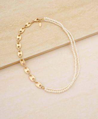 18K Gold Plated Link Chain and Cultured Freshwater Pearl Beaded Necklace
