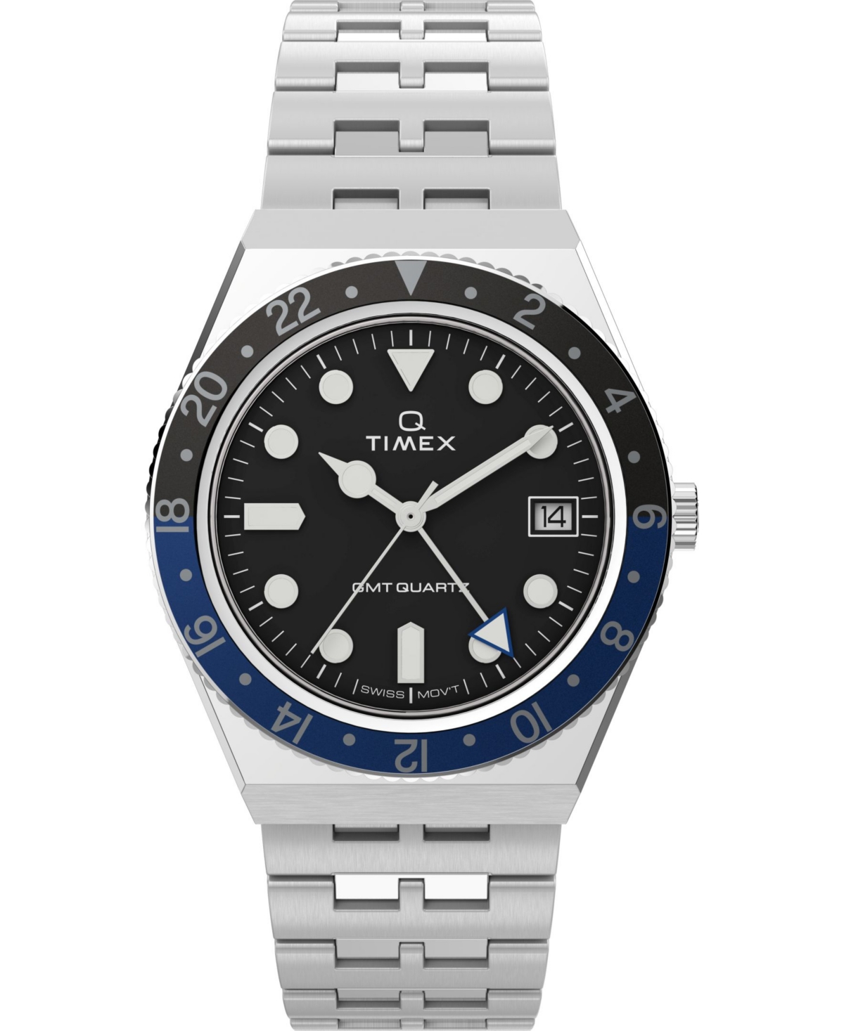 Shop Timex Men's Q Gmt Stainless Steel Bracelet Watch 38mm In Silver-tone