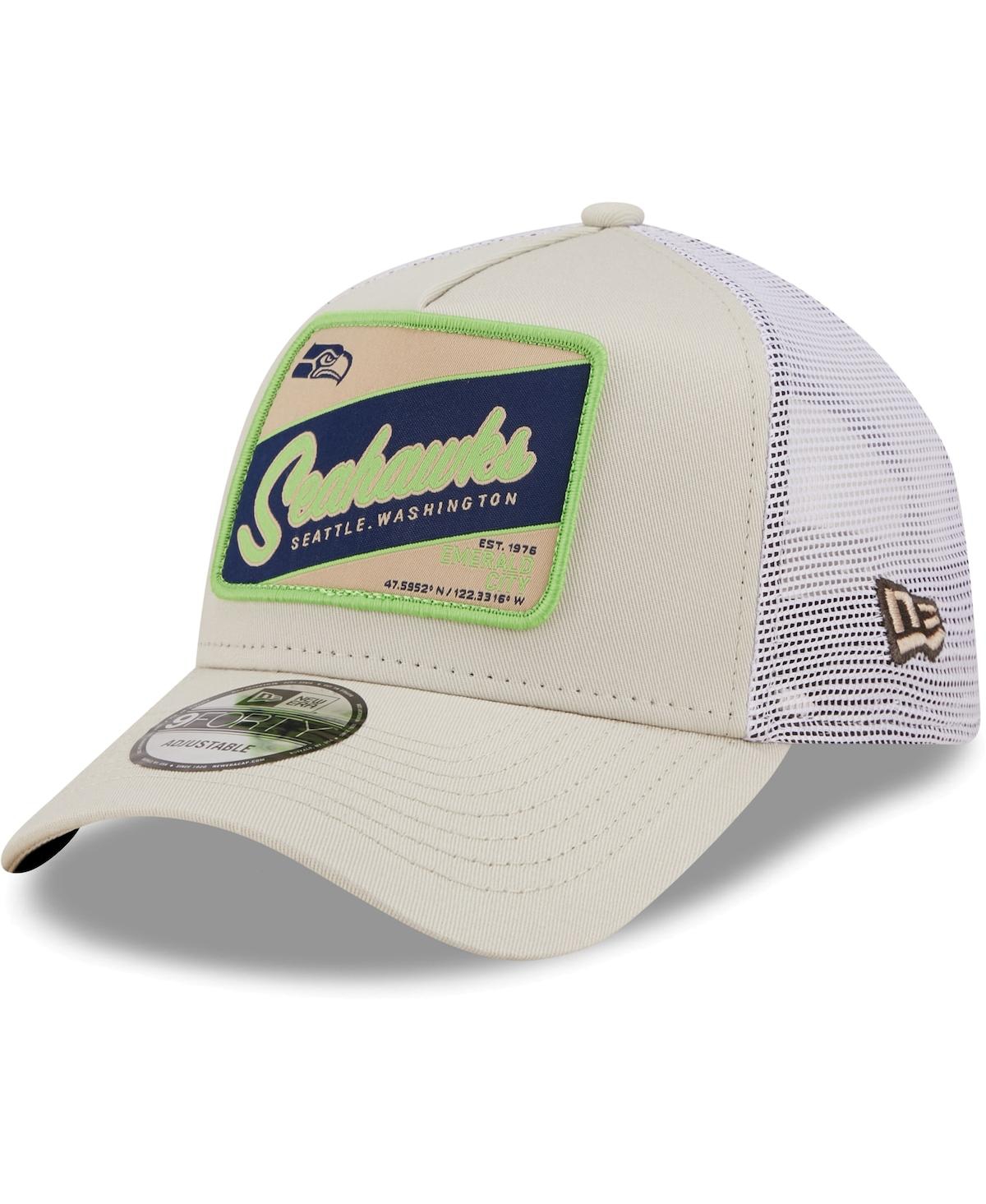 Shop New Era Men's  Khaki, White Seattle Seahawks Happy Camper A-frame Trucker 9forty Snapback Hat In Khaki,white