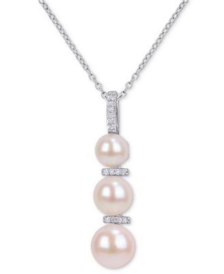 Macy's - Cultured Freshwater Pearl (6 - 8-1/2mm) & Diamond (1/20 ct. t.w.) Graduated Pendant Necklace in Sterling Silver