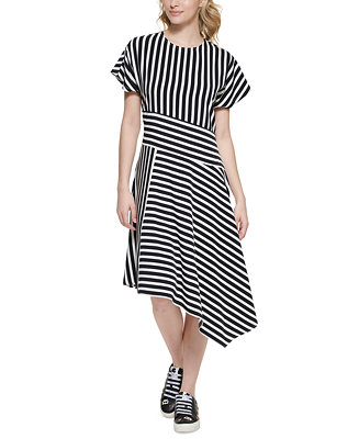 KARL LAGERFELD PARIS Women's Striped Asymmetrical-Hem Dress - Macy's
