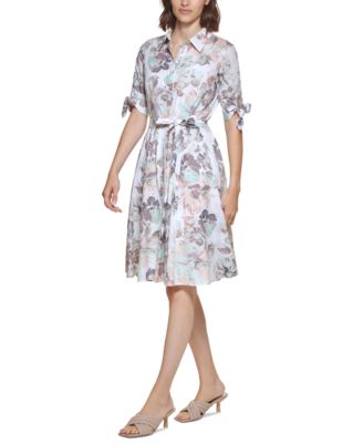 Calvin Klein Cotton Tie-Sleeve Belted Shirtdress