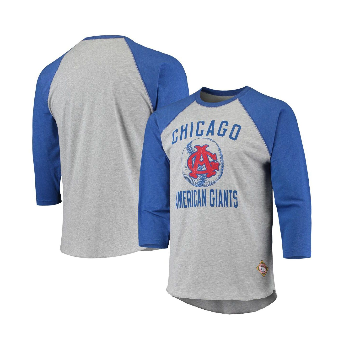 Мужская футболка Stitches Heather Gray, Royal Chicago American Giants Negro League Wordmark Raglan 3/4 Sleeve — фото 1