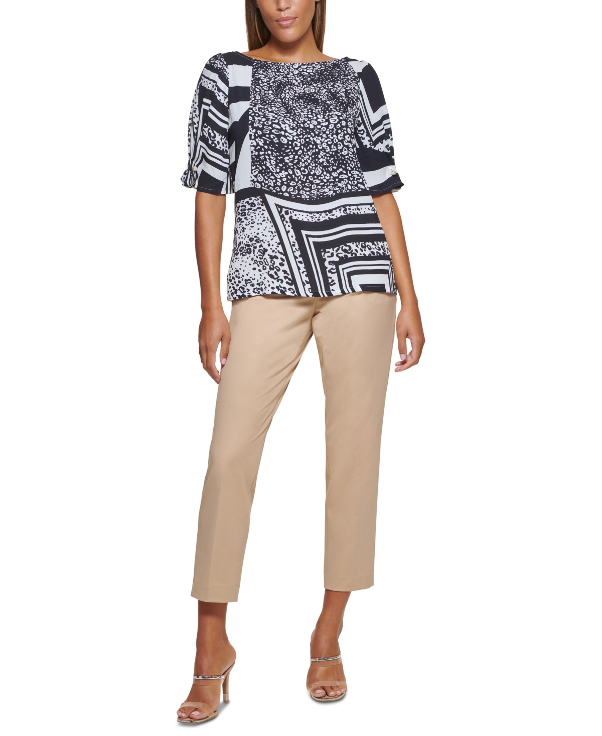 Dkny Petite Printed Imitation Pearl-Trim Top -White Multi