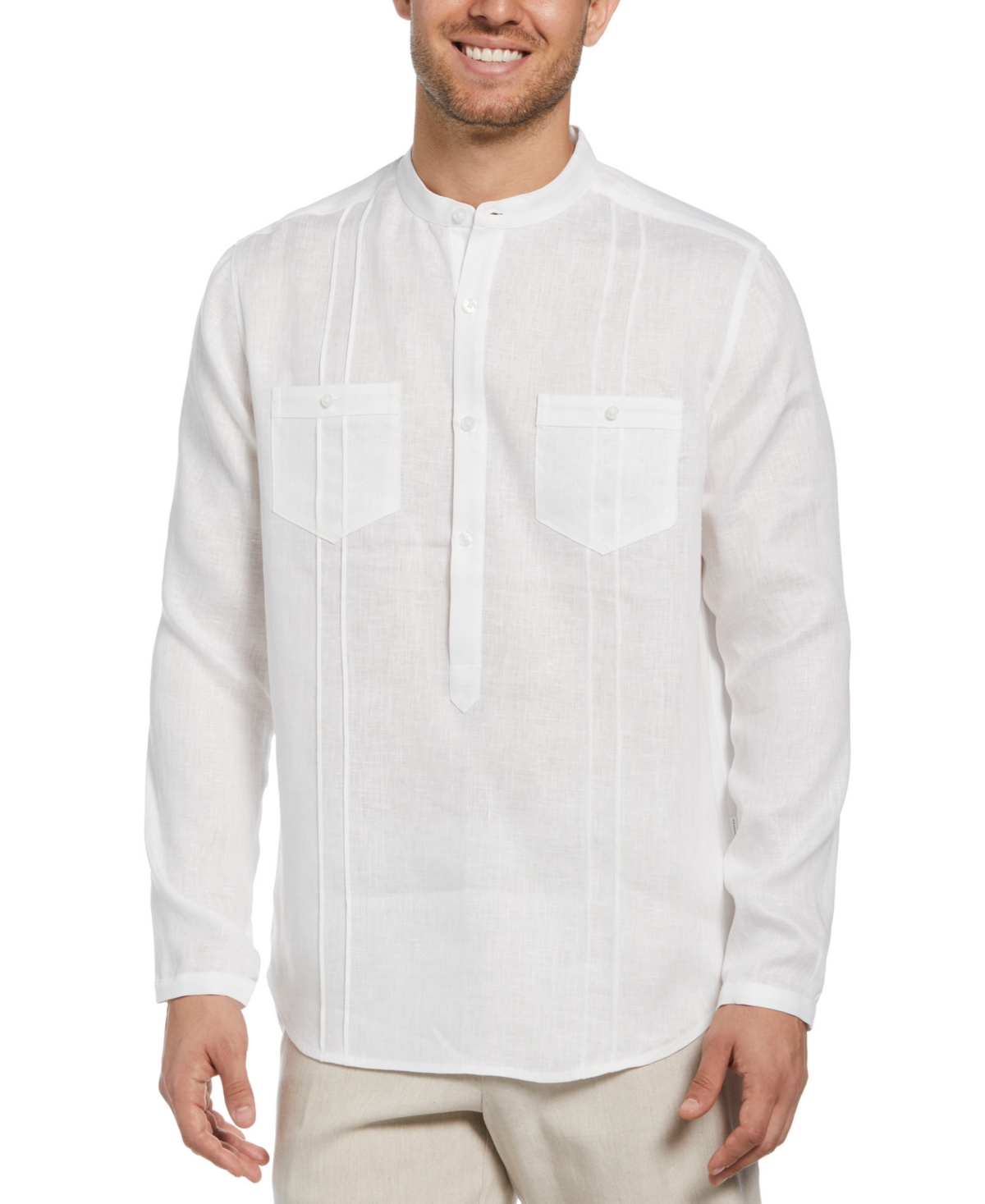 Men's Regular-Fit Banded Collar Popover Linen Shirt - White