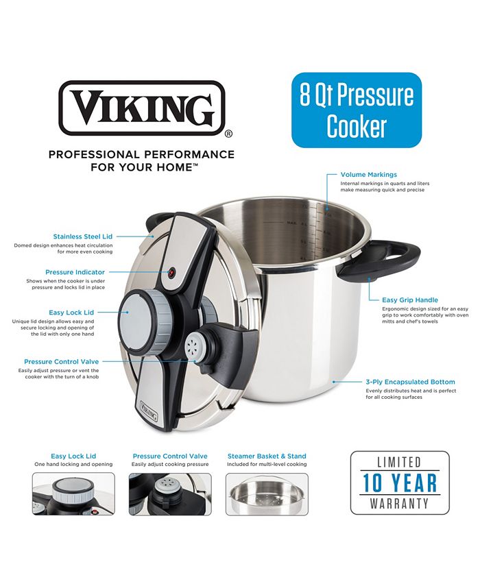 Viking Easy Lock Clamp 8-Quart Pressure Cooker with Steamer Insert