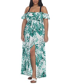 Plus Size Floral-Print Smocked-Bodice Maxi Dress Cover-Up