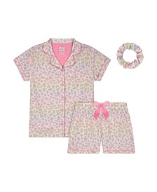 Big Girls Jersey T-shirt and Shorts with Scrunchie Pajama Set, 3 Piece