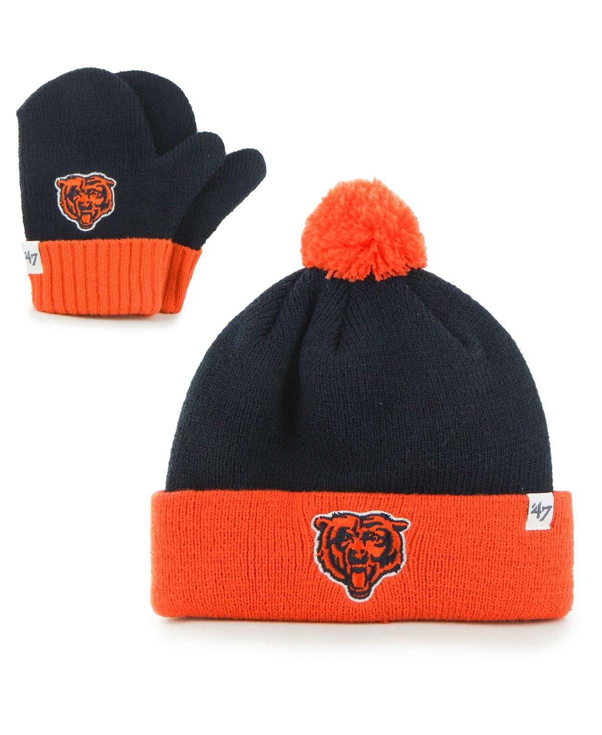 47 Brand Babies' Toddler Unisex Navy And Orange Chicago Bears Bam Bam Cuffed Knit Hat With Pom And Mittens Set In Navy,orange
