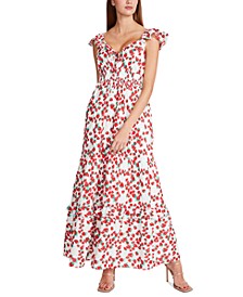 Strawberry-Print Voile Ruffled-Neck Maxi Dress