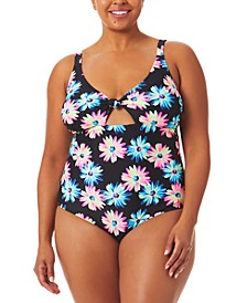 California Waves Trendy Plus Size Gerber Daisy Cutout One-Piece Swimsuit, Created for Macy's