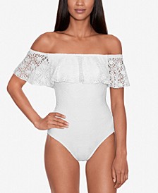 Women's Off-The-Shoulder Tummy-Control Crocheted Swimsuit