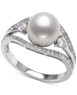 Belle de Mer Cultured Freshwater Button Pearl (8mm) & Cubic Zirconia ...