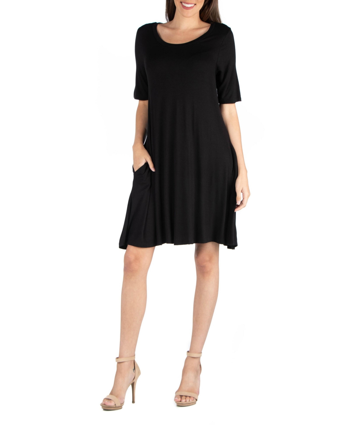 24seven Comfort Apparel Women's Soft Flare T-shirt Dress With Pocket Detail In Black