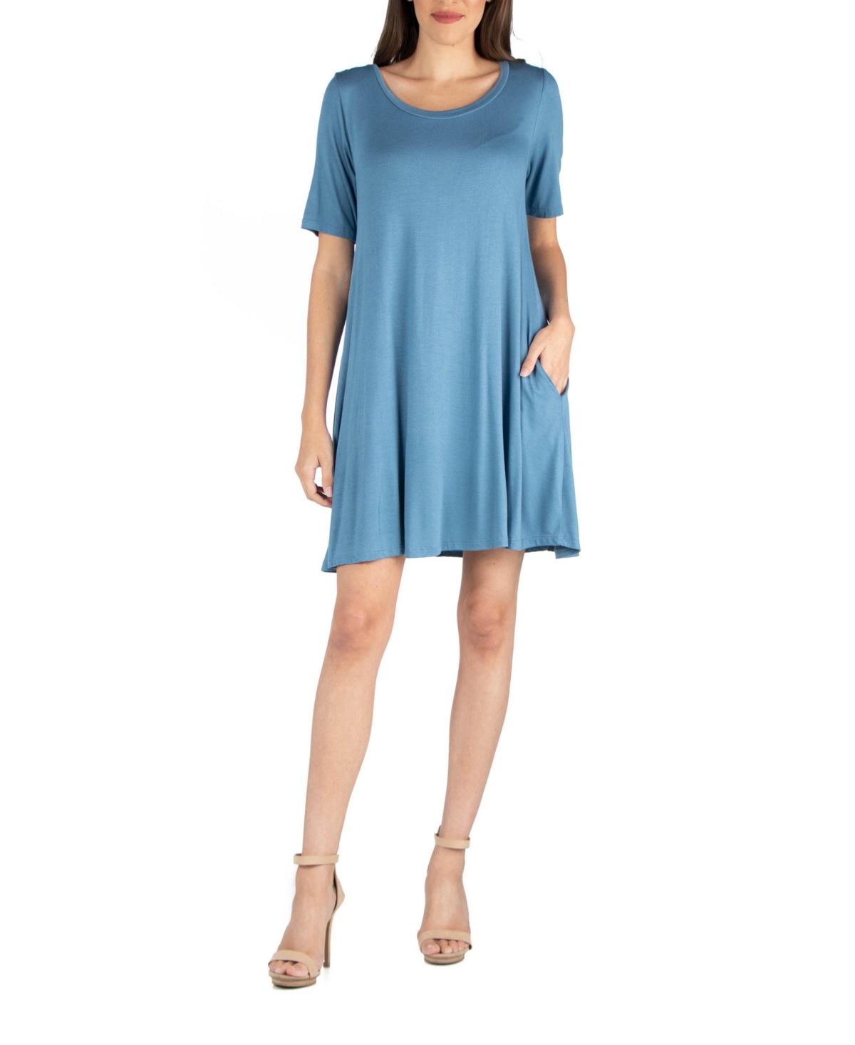 Women's Soft Flare T-shirt Dress with Pocket Detail - Blue