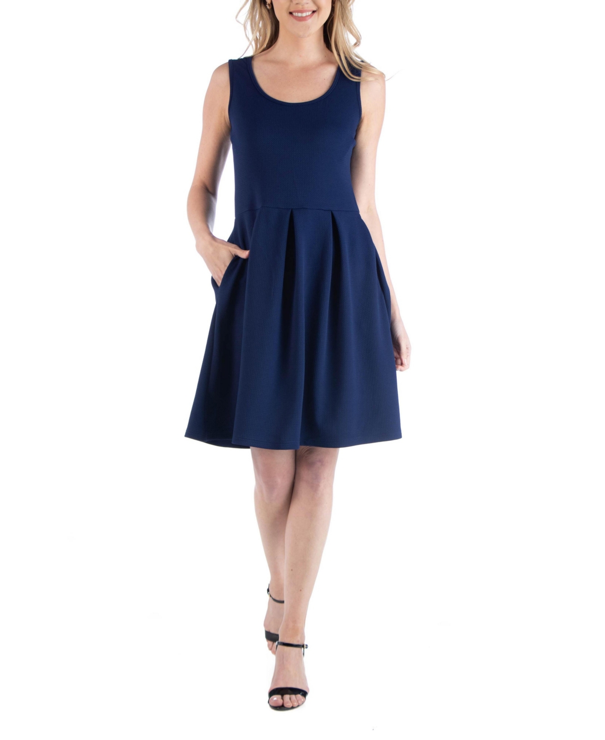 Shop 24seven Comfort Apparel Women's Sleeveless Pleated Skater Dress With Pockets In Navy