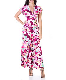 Women's Floral V-Neck Cap Sleeve Flowy Empire Waist Maxi Dress