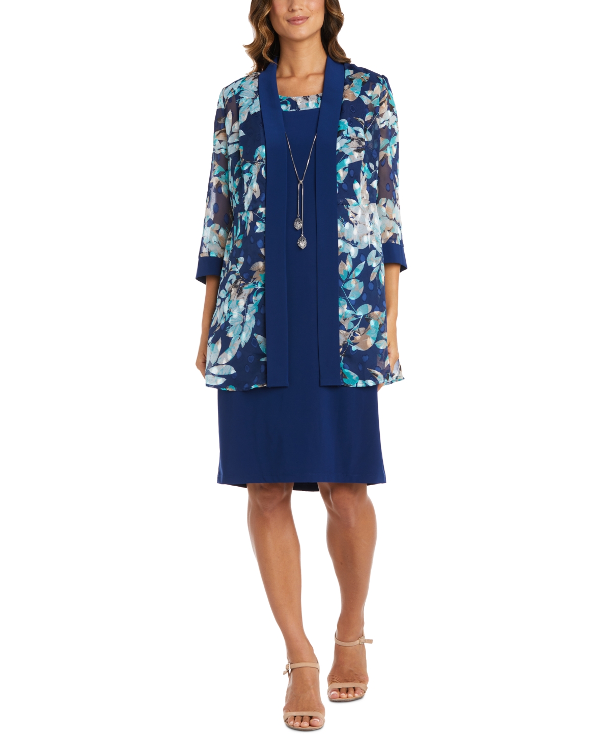 R & M Richards Women's 2-pc. Printed Jacquard Jacket & Necklace Dress In Peacock