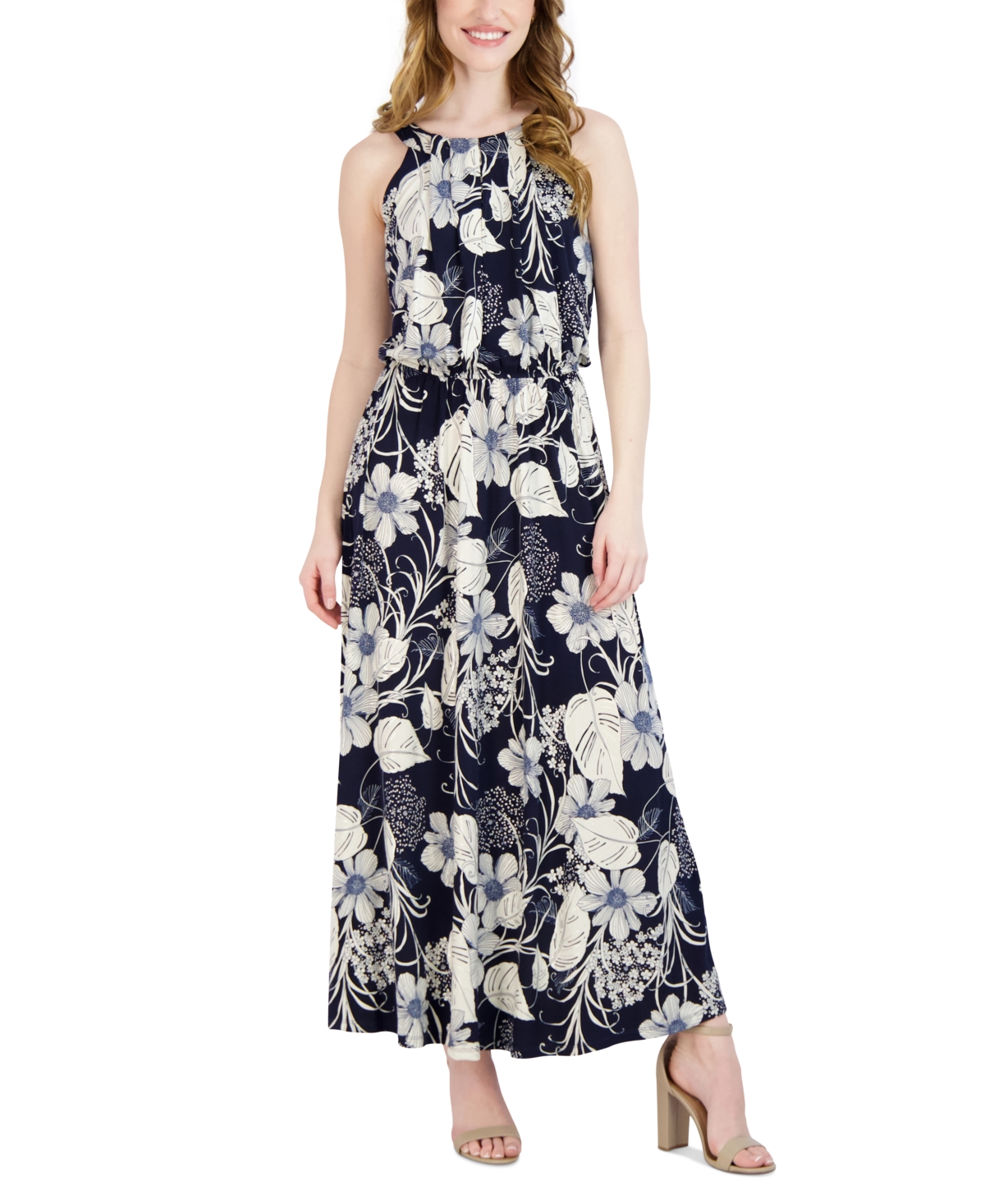 Shop Robbie Bee Petite Pleated-neck Maxi Dress In Navy,ivory