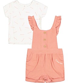 Baby Girls Logo T-shirt and Gauze Ruffle-Trim Shortalls Set, 2 Piece