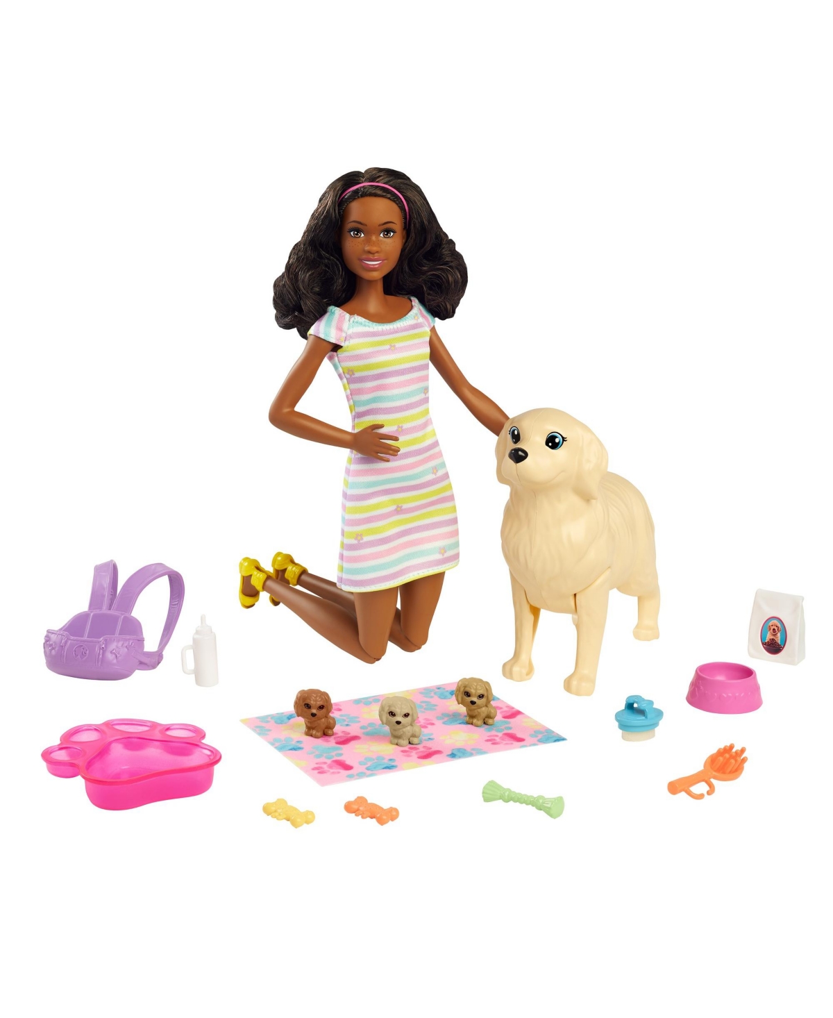 Barbie Doll Newborn Pups Playset With Brunette Doll, Mommy Dog, 3 Puppies, Kids Toys In Multi