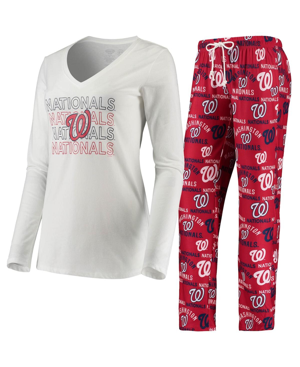 Women's Concepts Sport White, Red Washington Nationals Flagship Long Sleeve V-Neck T-shirt and Pants Sleep Set - White, Red
