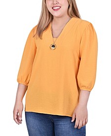 Plus Size 3/4 Puff Sleeve Top with Detachable Necklace