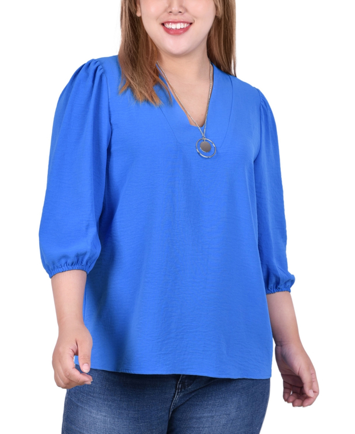 Plus Size 3/4 Puff Sleeve Top with Detachable Necklace - Marigold