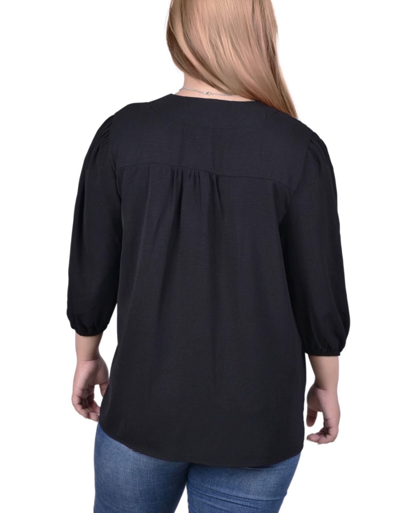 Женский топ NY Collection Plus Size 3/4 Puff Sleeve with Detachable Necklace, цвет: Чёрный — фото 2