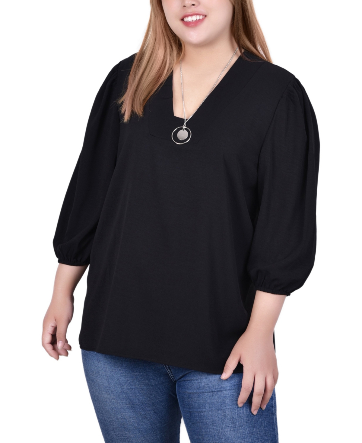 Plus Size 3/4 Puff Sleeve Top with Detachable Necklace - Marigold