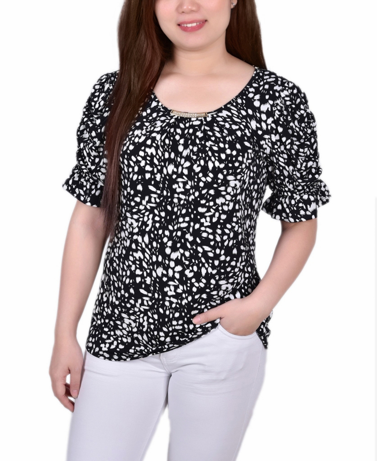 Women's Elbow Cuffed Sleeve Hardware Top - Ivory Flower