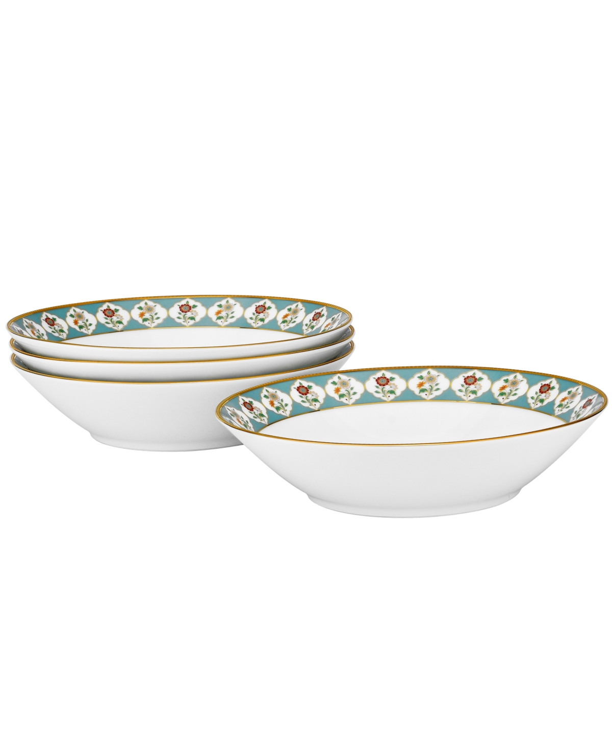 Noritake Lodi's Morning 20 oz Soup Bowls, Set Of 4 In White,blue,gold-tone Band