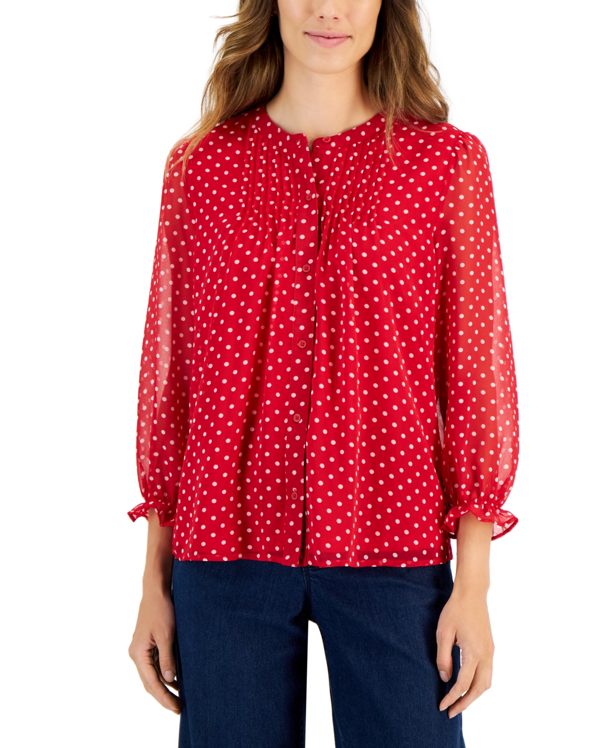 Charter Club Women's 3/4-Sleeve Pintuck Dot Blouse, Created for Macy's